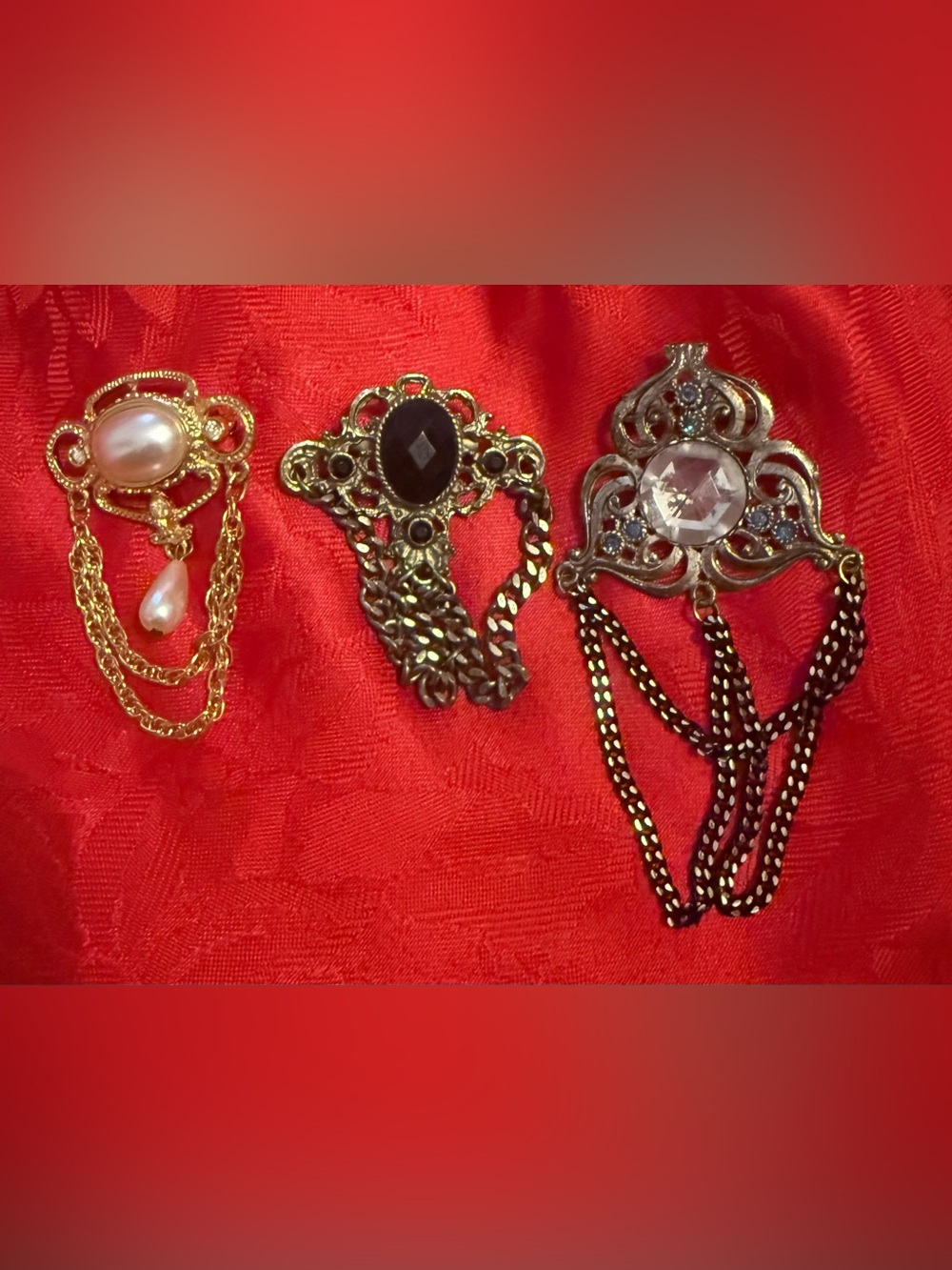Victorien style Gold, Silver & Black Decorative Brooch Trio